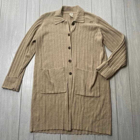 J Jill Women's Vintage 90s Tan Knit Ribbed Long Cardigan Coatigan Size Medium - Picture 1 of 7